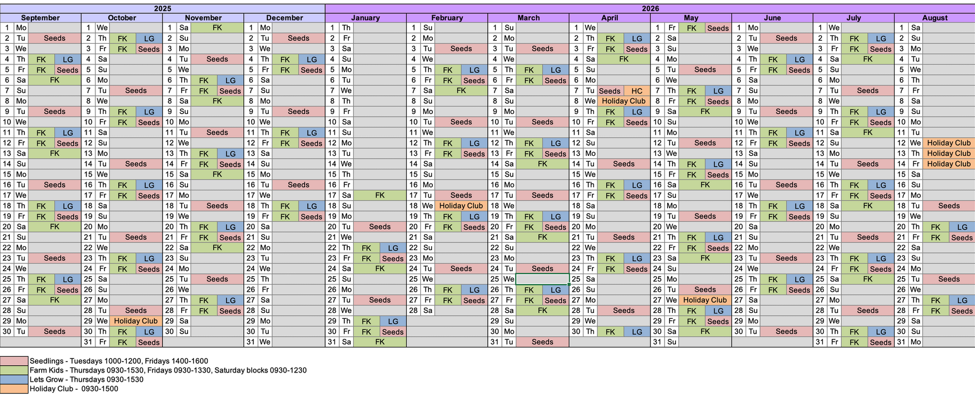 Raising Young Farmers 2025/26 calendar showing all session dates colour-coded by programme from September 2025 to August 2026